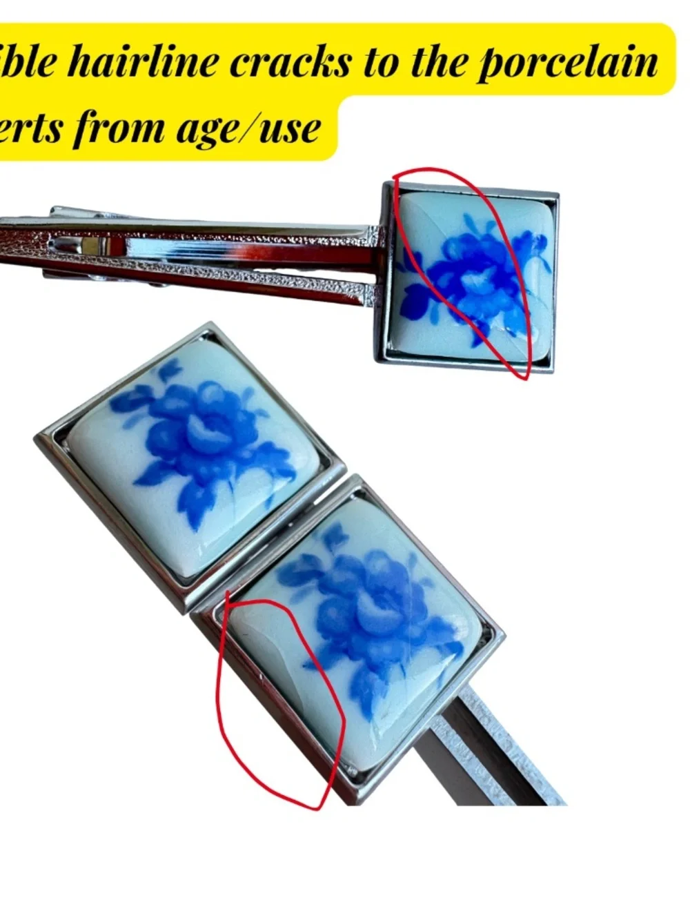 Vintage Japanese Blue White Porcelain Cufflinks Tie Clip Set Floral Signed GQA